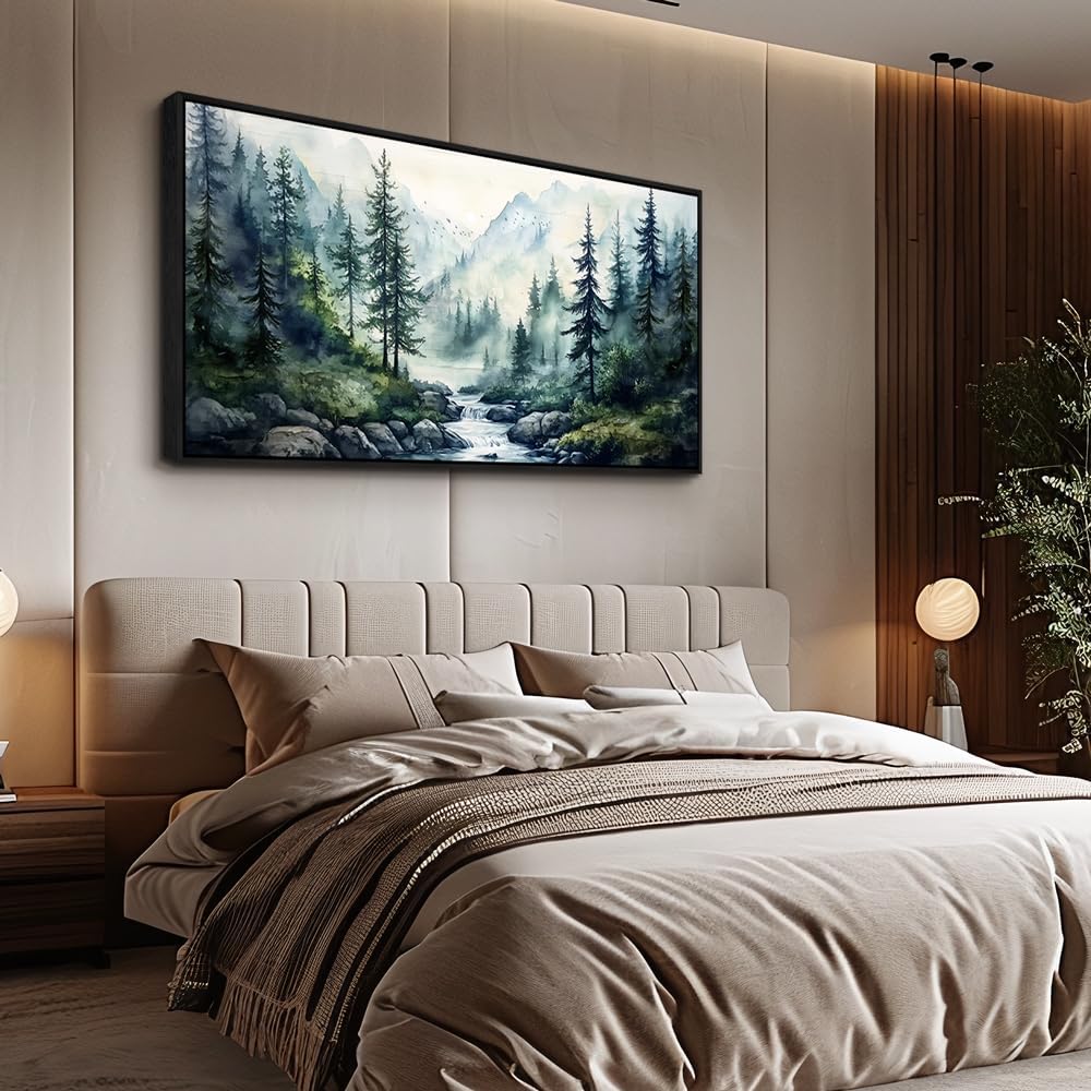 ZUITINGHUA Large Black Framed Wall Decor For Living Room Canvas Wall Art For Office Modern Wall Decorations For Bedroom Misty Forest Painting Tree landscape Pictures Artwork Home Decor 24x48 In