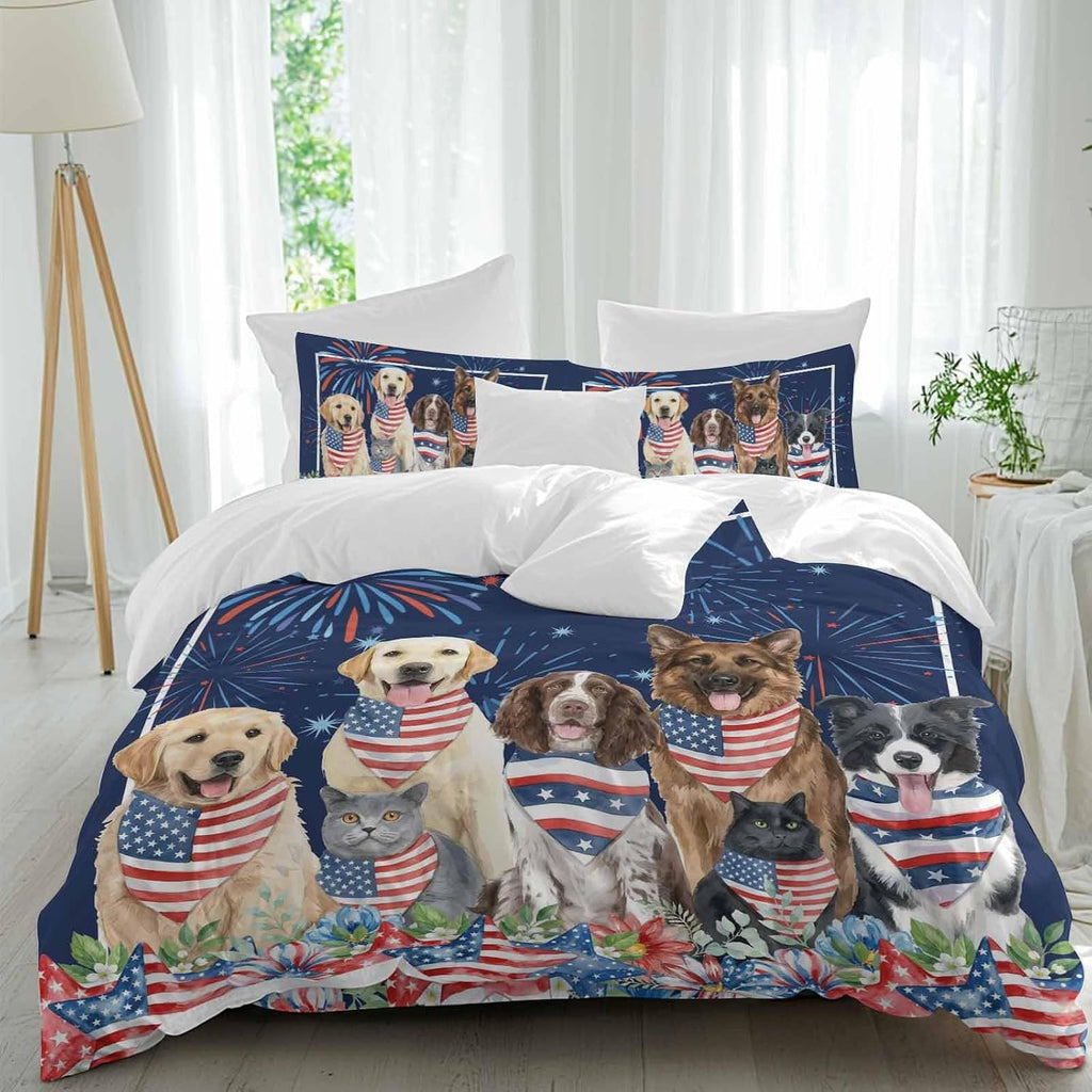 Independence Day Dog Cat Duvet Cover Set Queen Size 4 Pieces Watercolor Red Blue Stripe Star Flag Firework Blue Bedding Set with Zipper Closure,1 Comforter Cover 86x86 Inch 1 Flat Sheet&2 Pillow Cases
