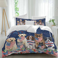 Independence Day Dog Cat Duvet Cover Set Queen Size 4 Pieces Watercolor Red Blue Stripe Star Flag Firework Blue Bedding Set with Zipper Closure,1 Comforter Cover 86x86 Inch 1 Flat Sheet&2 Pillow Cases