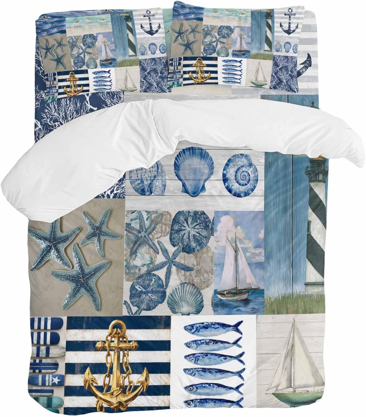Summer Nautical Duvet Cover Set Queen Size 4 Pieces Blue Starfish Shells Anchor Boat Patchwork Bedding Set with Zipper Closure, 1 Comforter Cover 90x92 Inches 1 Flat Sheet & 2 Pillow Cases