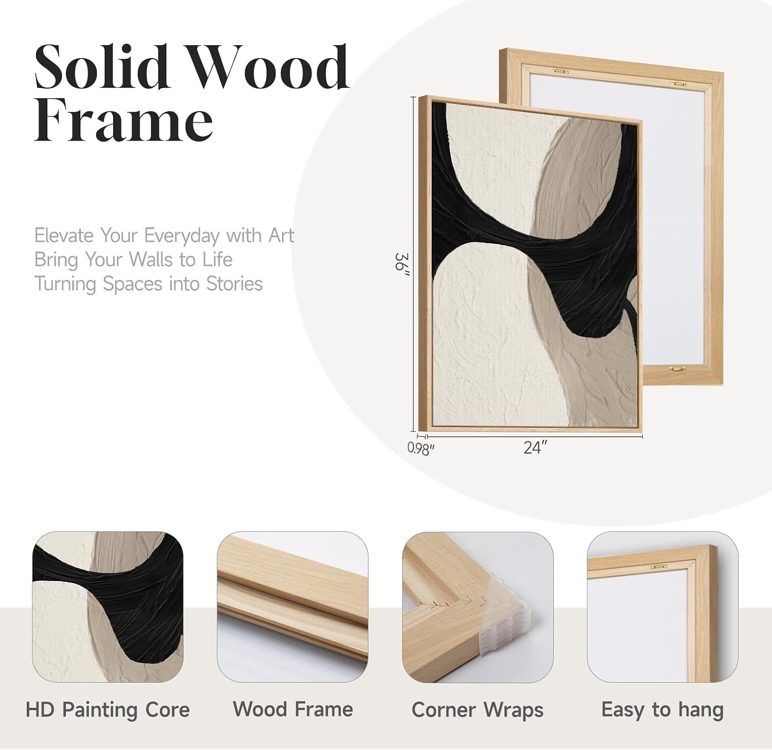 Large Framed Neutral Abstract Wall Art for Living Room, 3 Piece Black and Beige Canvas Artwork for Walls, Abstract Modern Minimalist Painting Prints Wall Decor for Hallway Dining Room Office, 24x36 In