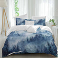Blue Forest Mountain Duvet Cover Set Queen Size 4 Pieces Retro Watercolor Gradual Foggy Pine Tree Bedding Set with Zipper Closure, 1 Comforter Cover 90x92 Inches 1 Flat Sheet & 2 Pillow Cases