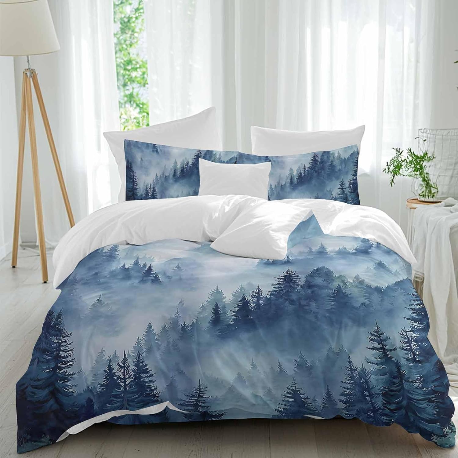 Blue Forest Mountain Duvet Cover Set Queen Size 4 Pieces Retro Watercolor Gradual Foggy Pine Tree Bedding Set with Zipper Closure, 1 Comforter Cover 90x92 Inches 1 Flat Sheet & 2 Pillow Cases
