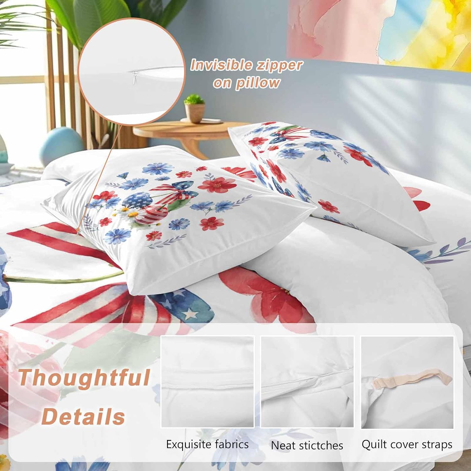 Independence Day Cherry Duvet Cover Set Queen Size 4 Pieces Patriotic Red Blue Star Flower Bow Leaf Bedding Set with Zipper Closure, 1 Comforter Cover 90x92 Inches 1 Flat Sheet & 2 Pillow Cases