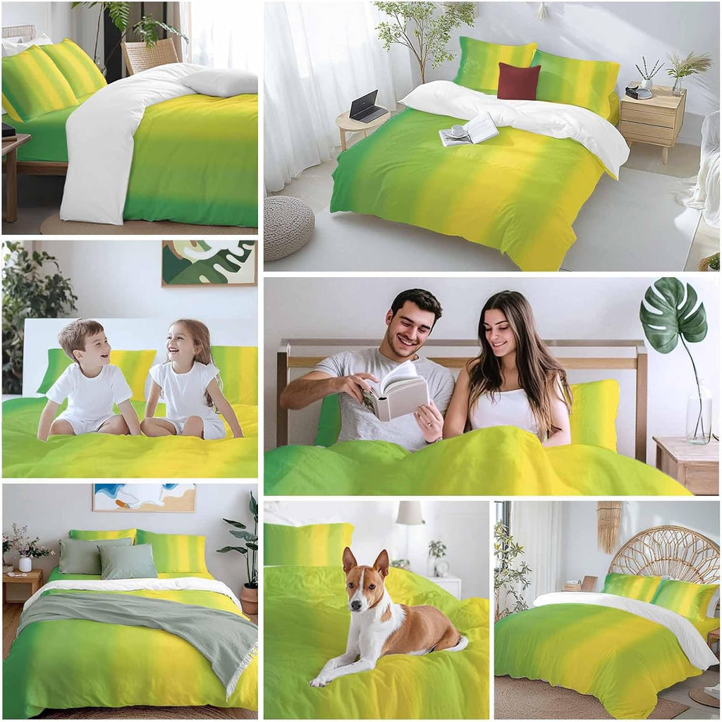 Green and Yellow Ombre Duvet Cover Set Queen Size 4 Pieces Minimalist Gradient Striped Texture Bedding Set with Zipper Closure, 1 Comforter Cover 86x86 Inches 1 Flat Sheet & 2 Pillow Cases