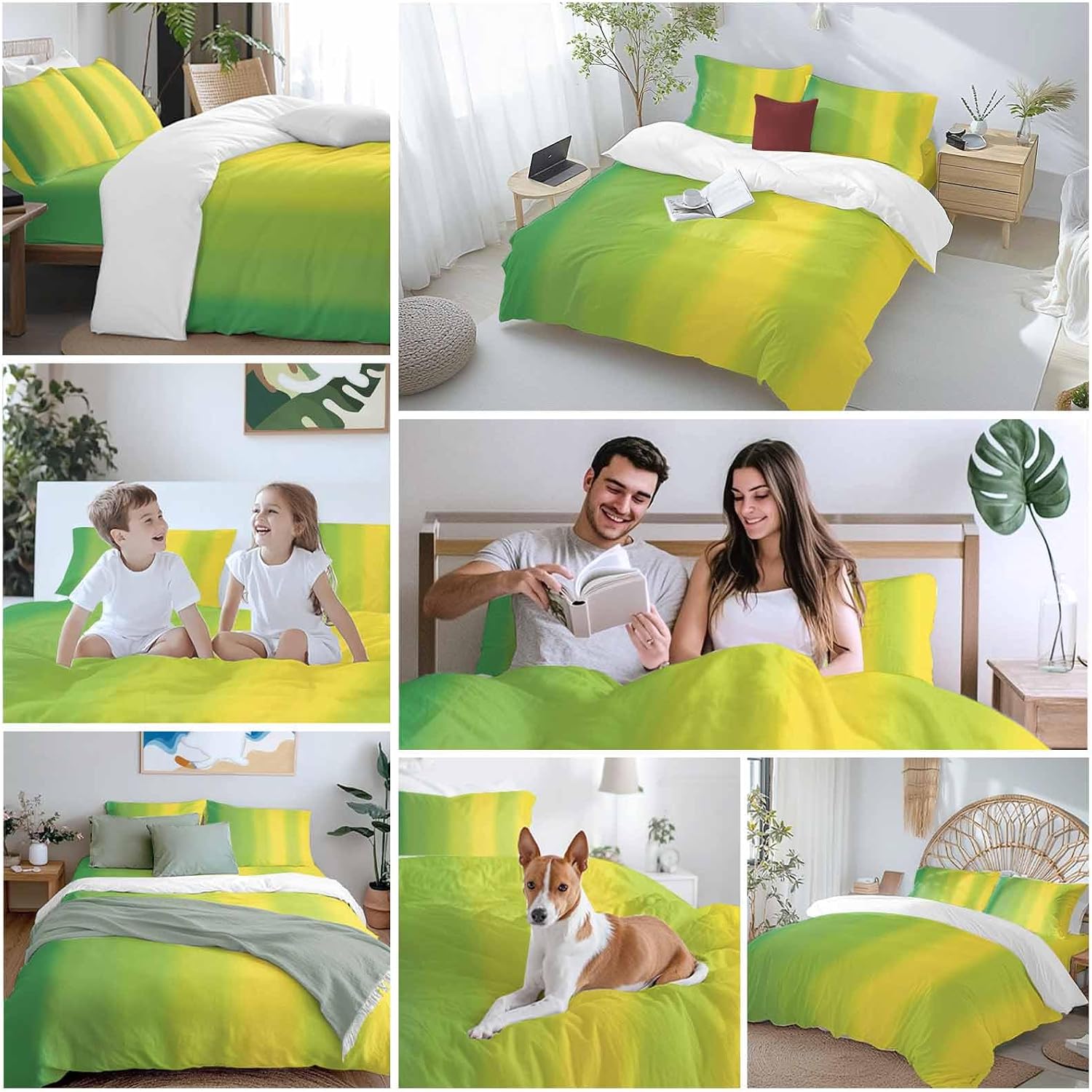 Green and Yellow Ombre Duvet Cover Set Queen Size 4 Pieces Minimalist Gradient Striped Texture Bedding Set with Zipper Closure, 1 Comforter Cover 90x92 Inches 1 Flat Sheet & 2 Pillow Cases