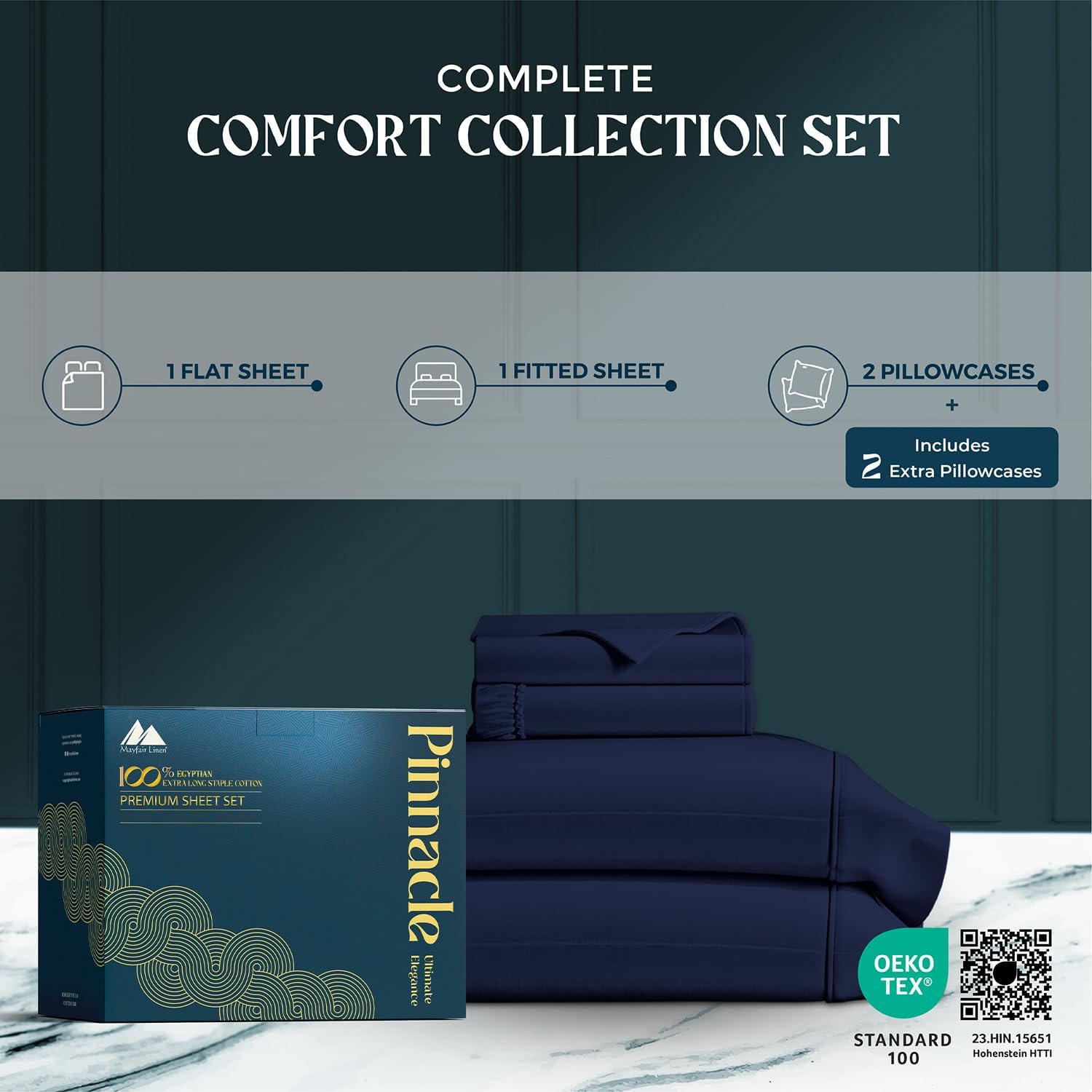 Mayfair Linen 100% Egyptian Cotton Sheets Queen Size - 1500 Series Queen Size Sheets Set Egyptian Cotton, Luxury Bedsheet (Navy Blue, 4 PC), Soft, Cooling, 17' Deep Pocket Sateen Weave Bedsheet Set