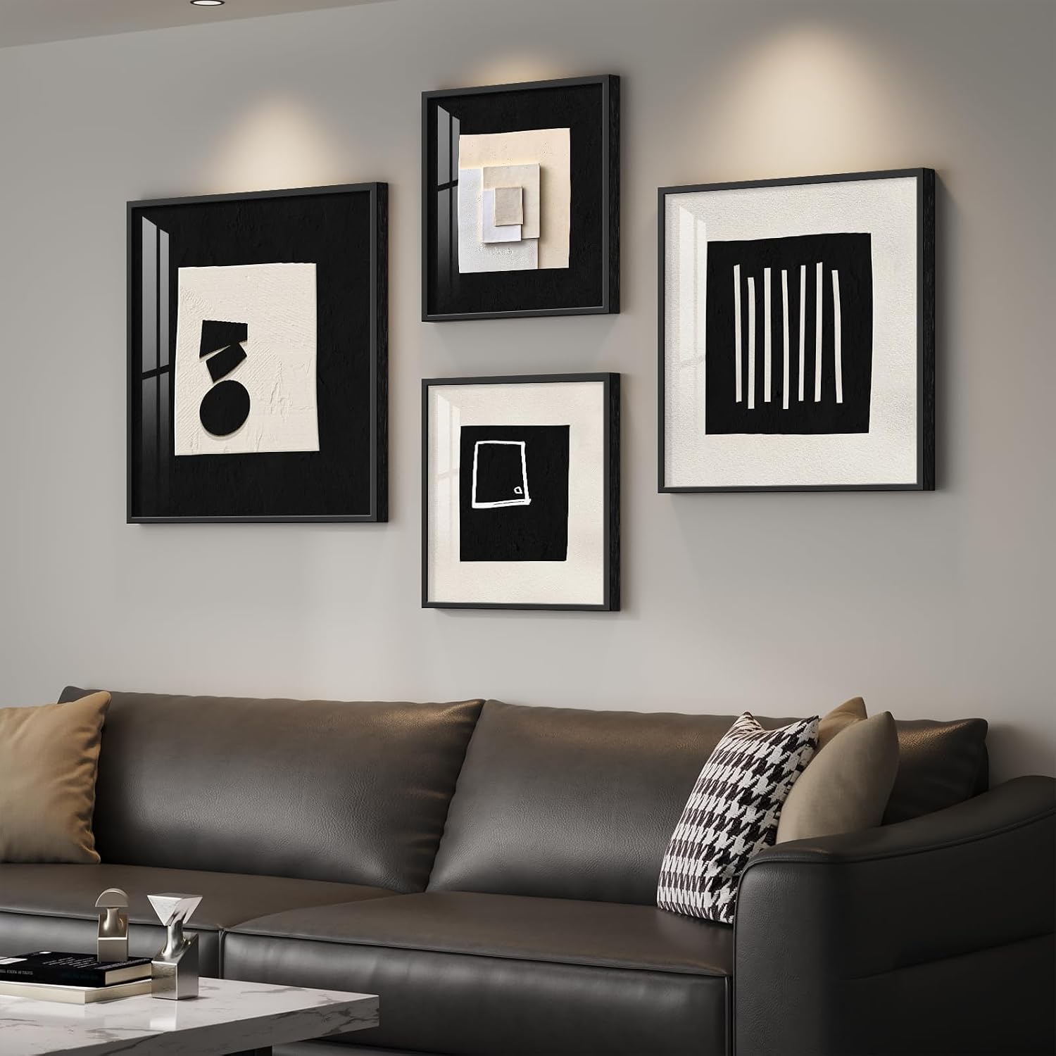 4 Piece Framed Modern Black and White Wall Art for Living Room, Large Abstract Minimalist Geometric Artworks for Walls, Bright Style Picture Prints Paintings for Dining Room Hallway Office Wall Decor