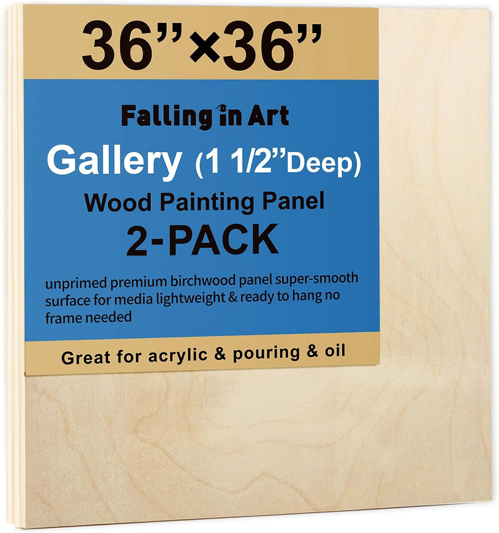 Falling in Art 2 Pack Unfinished Wooden Canvas Panels, 36x36 Gallery Birch Wood Panels Kit, 1 1/2' Deep Art Cradle Boards for Acrylic Painting, Pouring and Burning