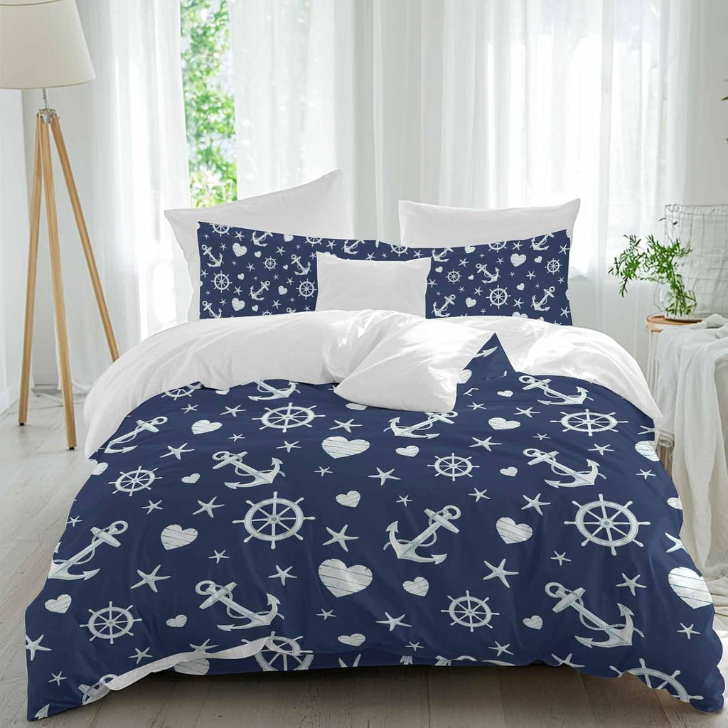 Summer Ocean Anchor Duvet Cover Set Queen Size 4 Pieces Nautical Coastal Sea Navy Blue Compass Love Heart Star Bedding Set with Zipper Closure,1 Comforter Cover 92x106 Inch 1 Flat Sheet&2 Pillow Cases