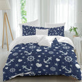 Summer Ocean Anchor Duvet Cover Set Queen Size 4 Pieces Nautical Coastal Sea Navy Blue Compass Love Heart Star Bedding Set with Zipper Closure,1 Comforter Cover 86x86 Inch 1 Flat Sheet&2 Pillow Cases