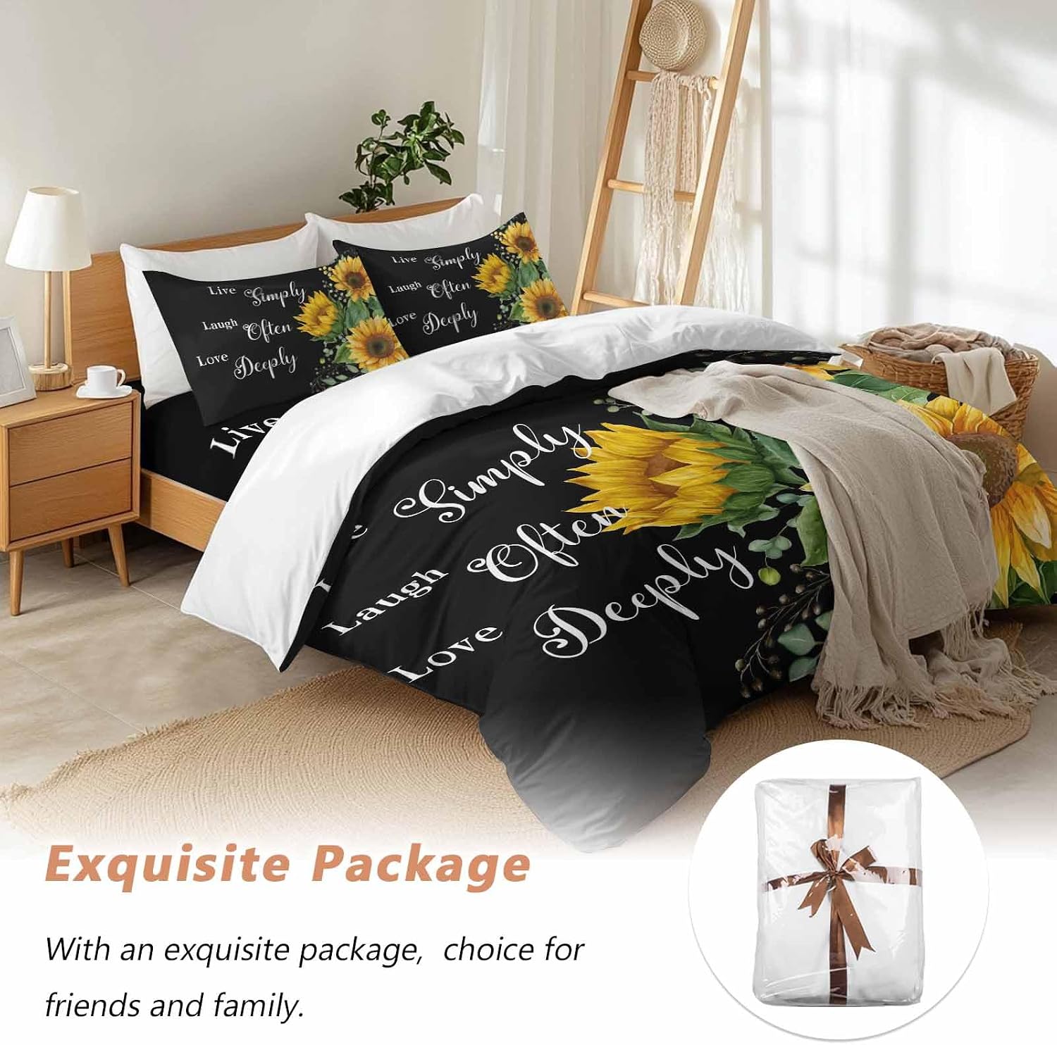 Prime Leader Sunflower Duvet Cover Set Queen Size 4 Pieces Live Simply Laugh Often Love Deeply Black Bedding Set with Zipper Closure, 1 Comforter Cover 90x92 Inches 1 Flat Sheet & 2 Pillow Cases