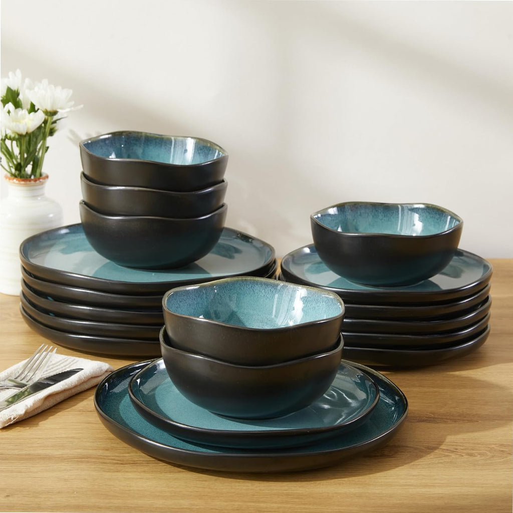 Pokini 18 Piece Dinnerware Sets for 6, Green Black Reactive Glaze Stoneware | Irregular Artisan Style for Family Dinners, Weekend Gatherings | Scratch‑Resistant, Microwave & Dishwasher Safe
