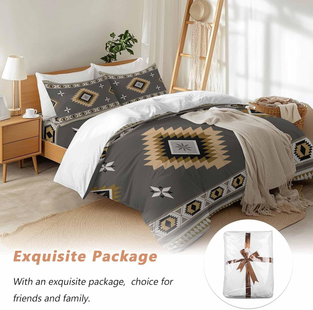 Prime Leader Grey Tribal Geometric Duvet Cover Set Queen Size 4 Pieces Vintage Boho Native Abstract Bedding Set with Zipper Closure, 1 Comforter Cover 90x92 Inches 1 Flat Sheet & 2 Pillow Cases