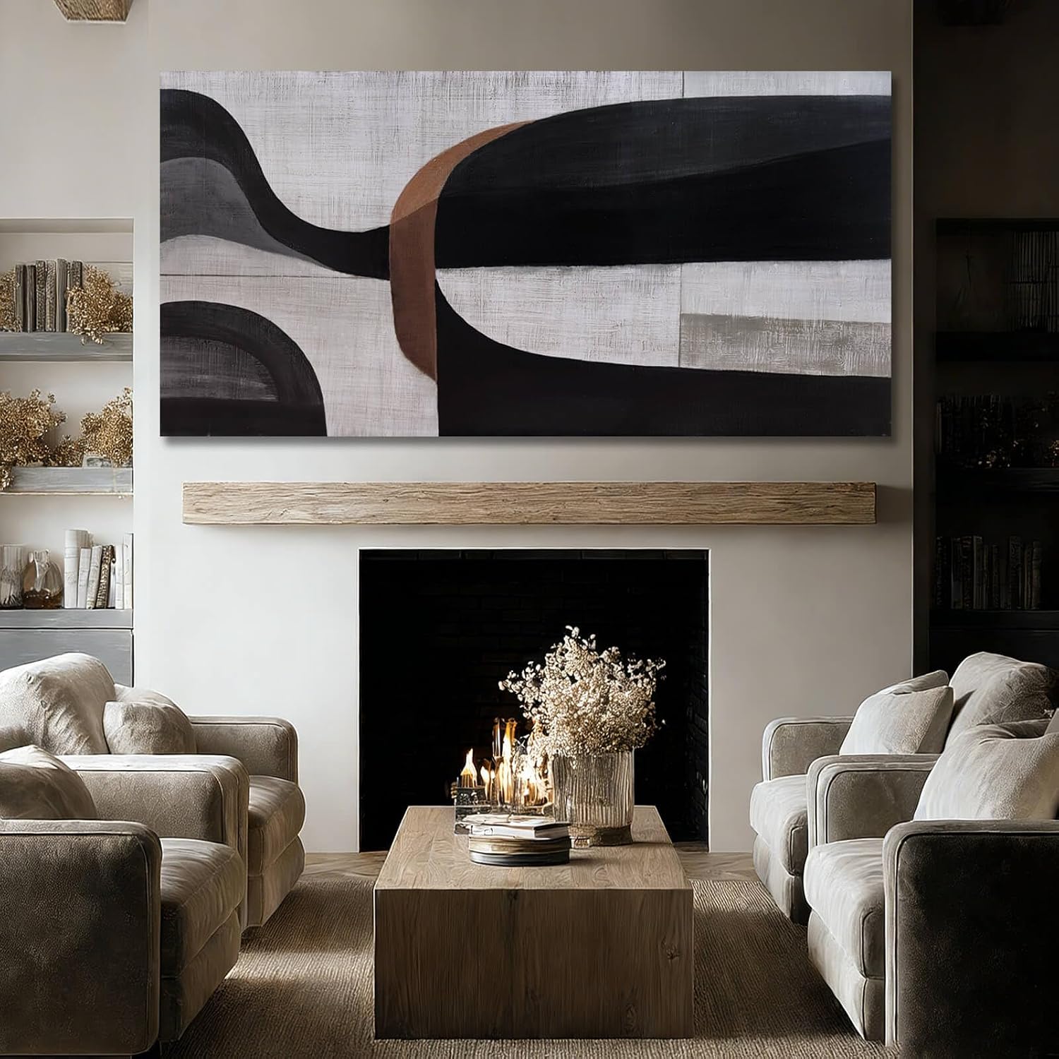 WINKAILIN Large Abstract Black Grey and White Canvas Artwork Modern Geometric Painting for Living Room Bedroom Office Minimalist Wall Decoration 29x58 Inch