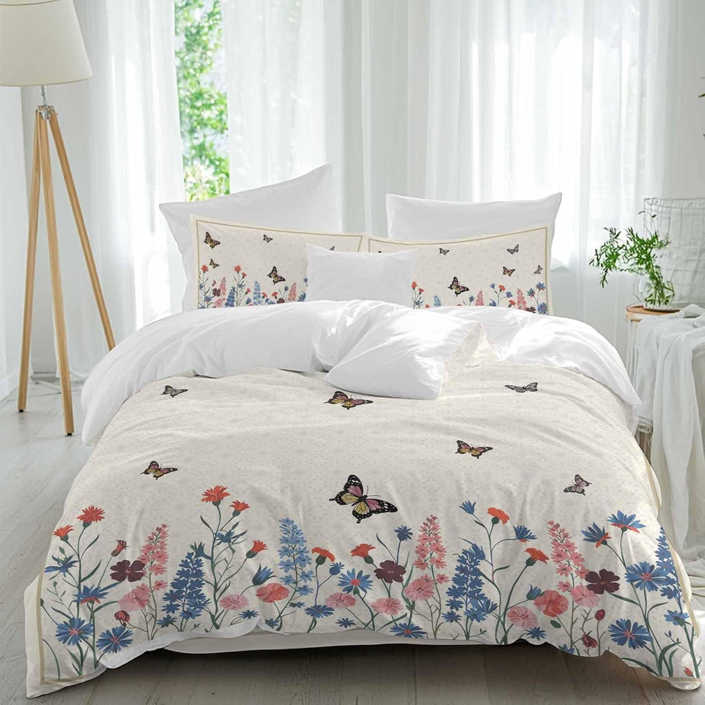 Spring Florals Duvet Cover Set Queen Size 4 Pieces Vintage Pink Blue Flower Butterflies Plants Bedding Set with Zipper Closure, 1 Comforter Cover 92x106 Inches 1 Flat Sheet & 2 Pillow Cases