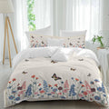 Spring Florals Duvet Cover Set Queen Size 4 Pieces Vintage Pink Blue Flower Butterflies Plants Bedding Set with Zipper Closure, 1 Comforter Cover 92x106 Inches 1 Flat Sheet & 2 Pillow Cases