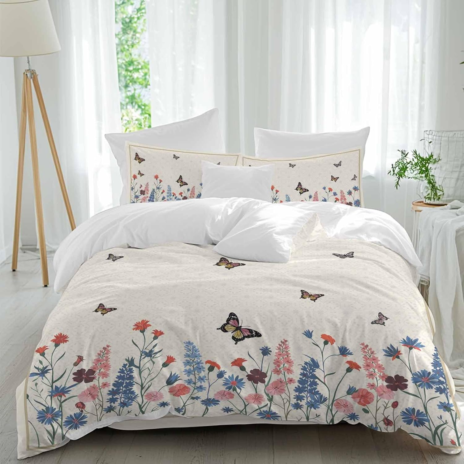 Spring Florals Duvet Cover Set Queen Size 4 Pieces Vintage Pink Blue Flower Butterflies Plants Bedding Set with Zipper Closure, 1 Comforter Cover 92x106 Inches 1 Flat Sheet & 2 Pillow Cases