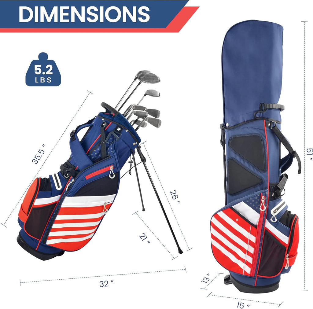 BOBOPRO Golf Stand Bag, Lightweight 14 Way Top Dividers Golf Carry Bag with 8 Pockets, USA Stars & Stripes Golf Bag for Golf Club Golf Cart for Men & Women