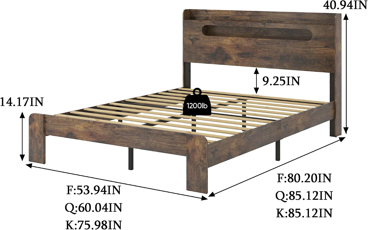 Bellemave Rustic Vintage King Size Bed Frame with Storage Headboard and Charging Station,Wooden Platform Bed Frame King Size with LED Lights and Wood Slats,Easy Assembly,Dark Brown
