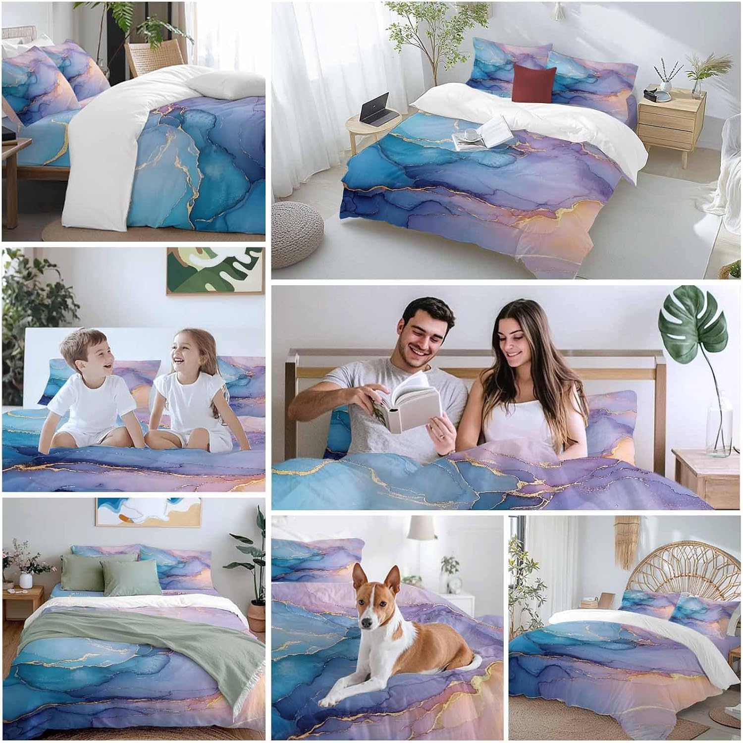 Pink Blue Marble Duvet Cover Set Queen Size 4 Pieces Abstract Marble Stone Texture Modern Style Bedding Set with Zipper Closure, 1 Comforter Cover 90x92 Inches 1 Flat Sheet & 2 Pillow Cases
