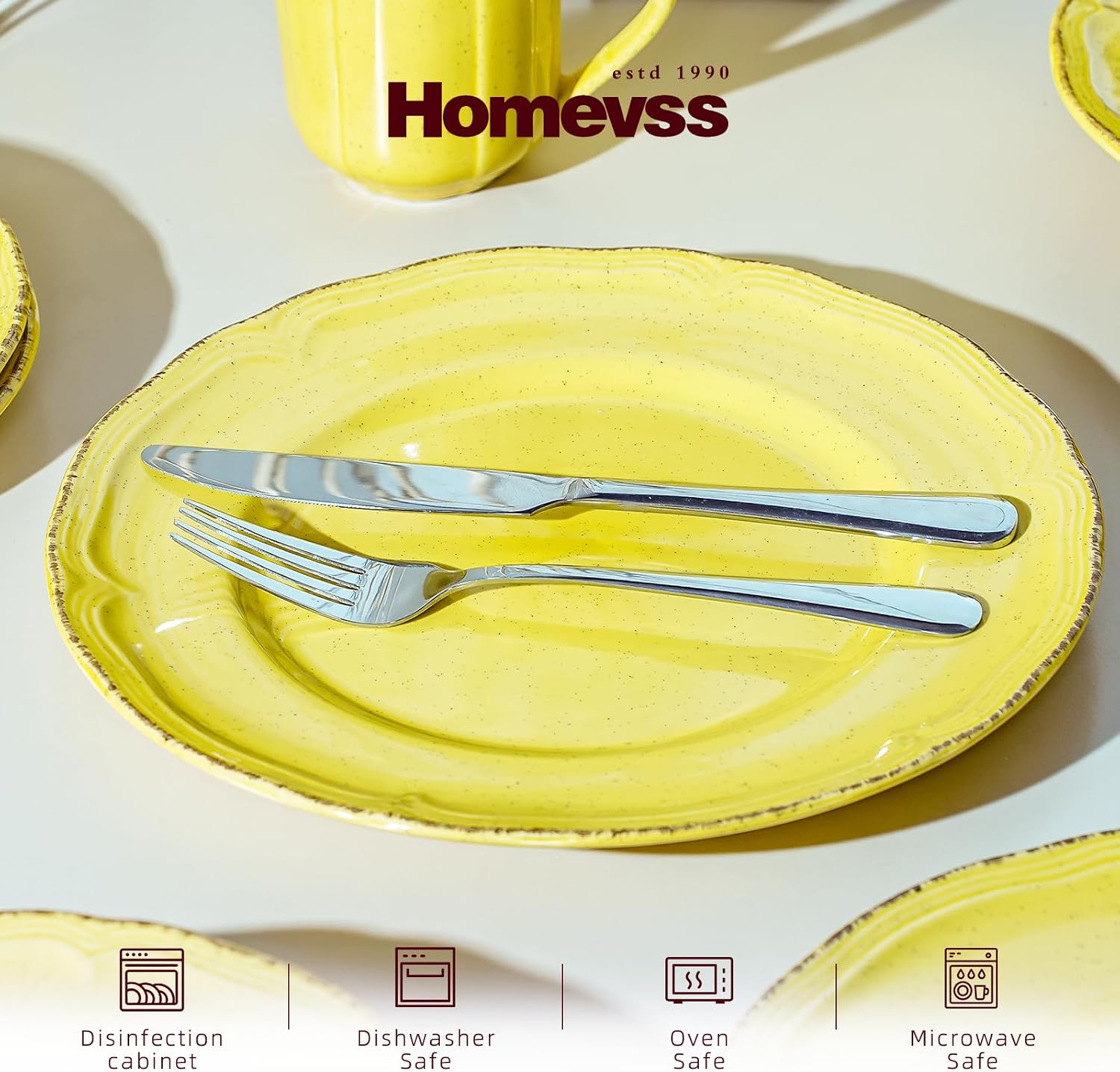56pc Dinnerware Set, Plate and Bowl Set, Stoneware Dishes Set for 8, Microwave and Dishwahser Safe, Scratch Resistant, French Countryside Speckled Antique Yellow