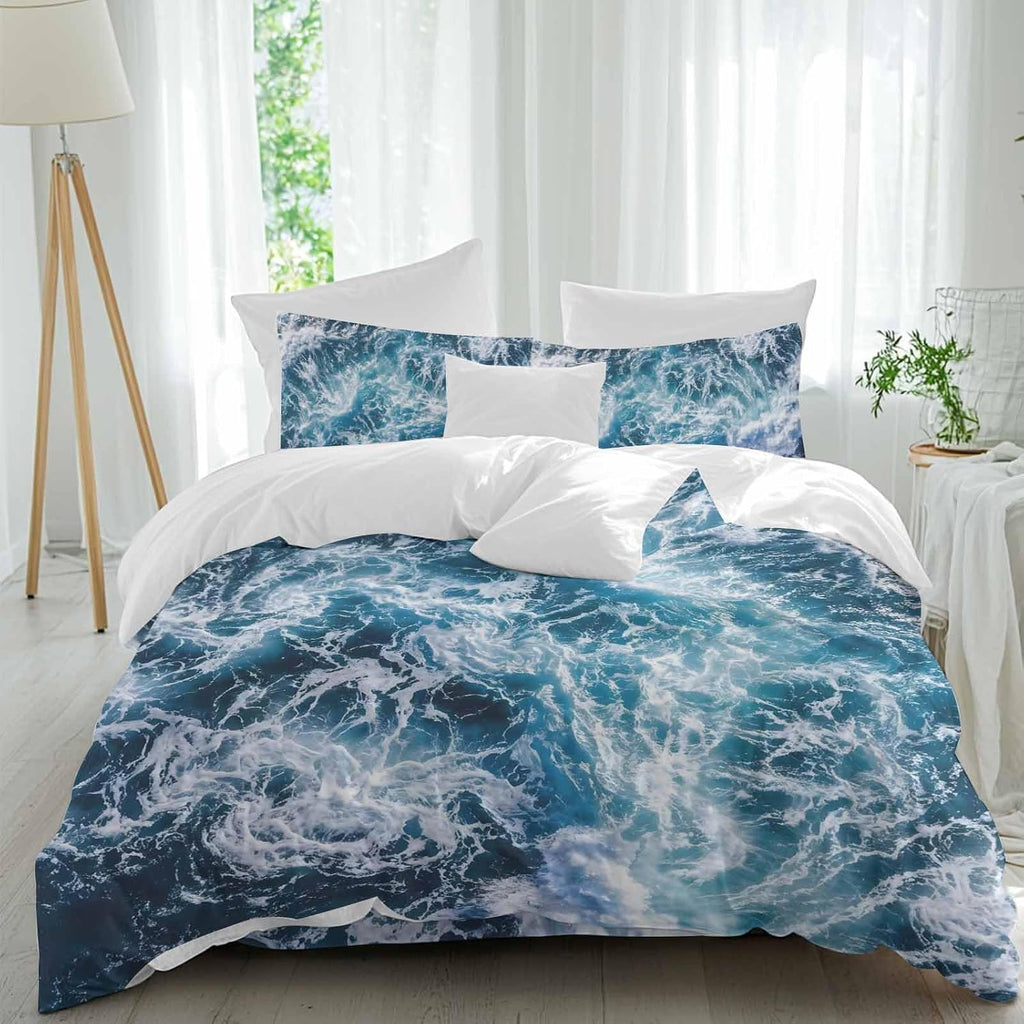 Dark Blue Ocean Scenery Duvet Cover Set Queen Size 4 Pieces Ombre Sea Waves Natural Modern Art Bedding Set with Zipper Closure, 1 Comforter Cover 86x86 Inches 1 Flat Sheet & 2 Pillow Cases