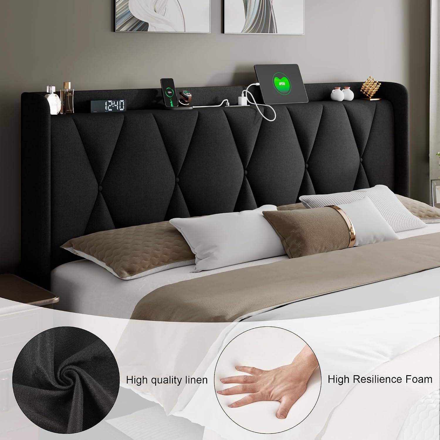 Feonase King Size Bed Frame with 4 Storage Drawers, Upholstered Platform Bed with Charging Station, Wingback Storage Headboard, Wooden Slats Support, No Box Spring Needed, Easy-Assembly, Black