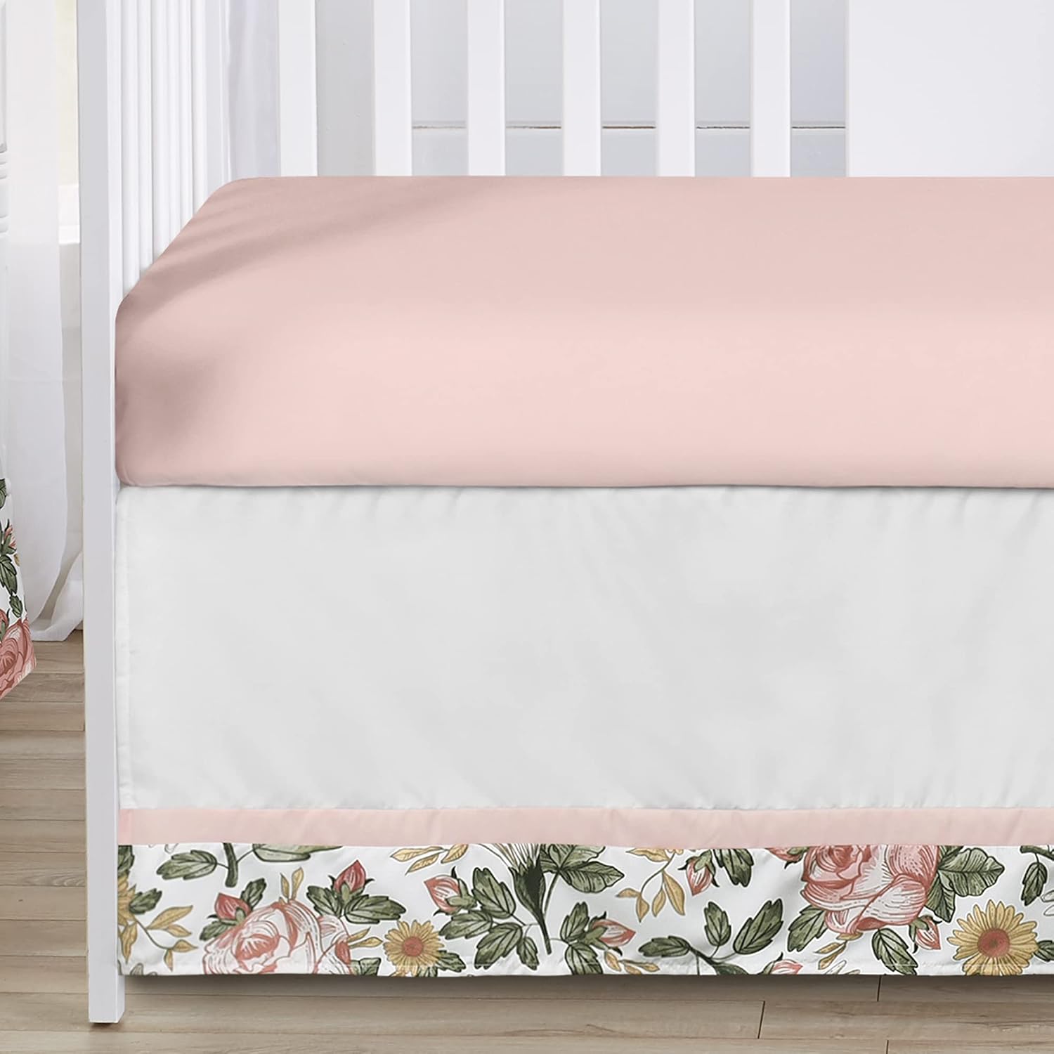 Sweet Jojo Designs 5-Piece Baby Crib Bedding Set (Boho Vintage Floral) for Girls, Infants/Nursery incl. Blanket, Fitted Sheet and Crib Skirt (Bohemian, Shabby Chic, Rose Flower, Farmhouse, Pink/Green)
