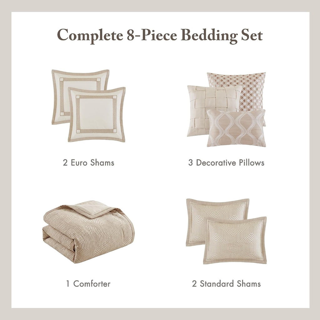 Madison Park Signature Queen Luxury Jacquard Comforter Set, Removable Duvet Cover with Insert, Oversized Overfilled Bedding, Hand-Guided Embroidered Texture Accents, Geometric Ivory, 8-Piece