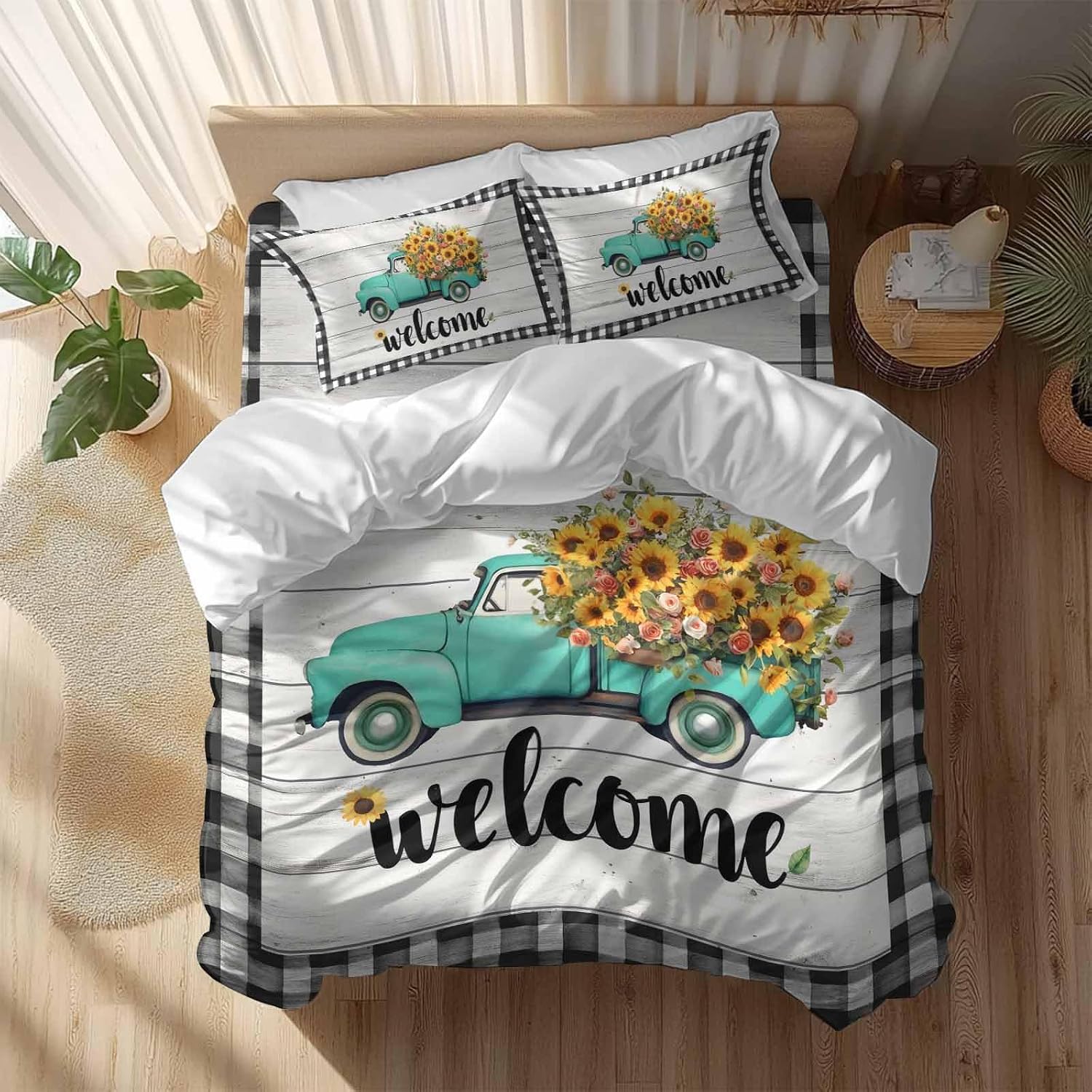 Welcome Duvet Cover Set Queen Size 4 Pieces Summer Flowers Truck Wood Grain Black White Lattice Frame Bedding Set with Zipper Closure, 1 Comforter Cover 90x92 Inches 1 Flat Sheet & 2 Pillow Cases