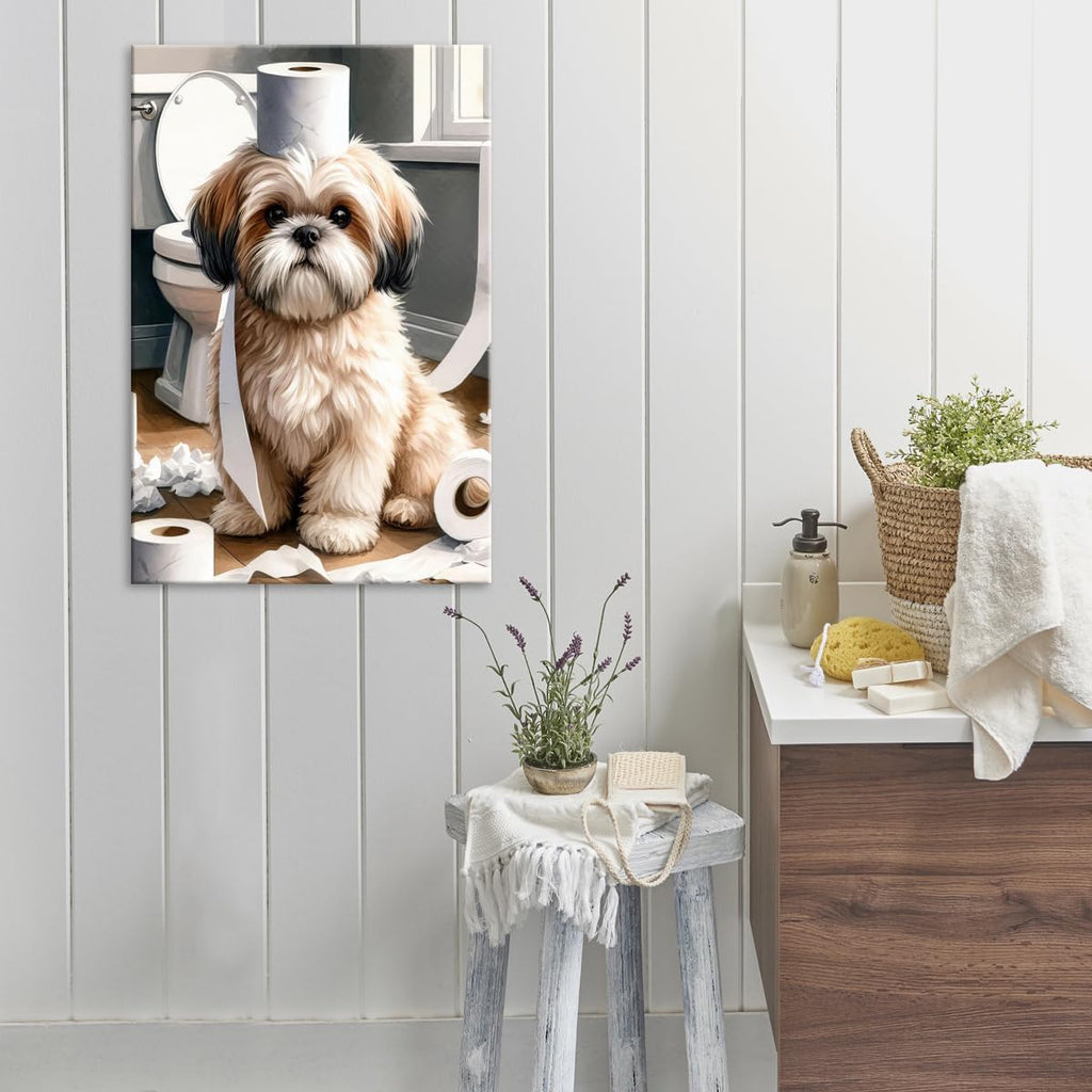 Funny Shih Tzu Toilet Paper Whimsy Cute Animal Bathroom Canvas Wall Art Humor Dog Print Painting for Modern Home Decor Kid Bathrooms Toilet Decoration 20x30in Framed
