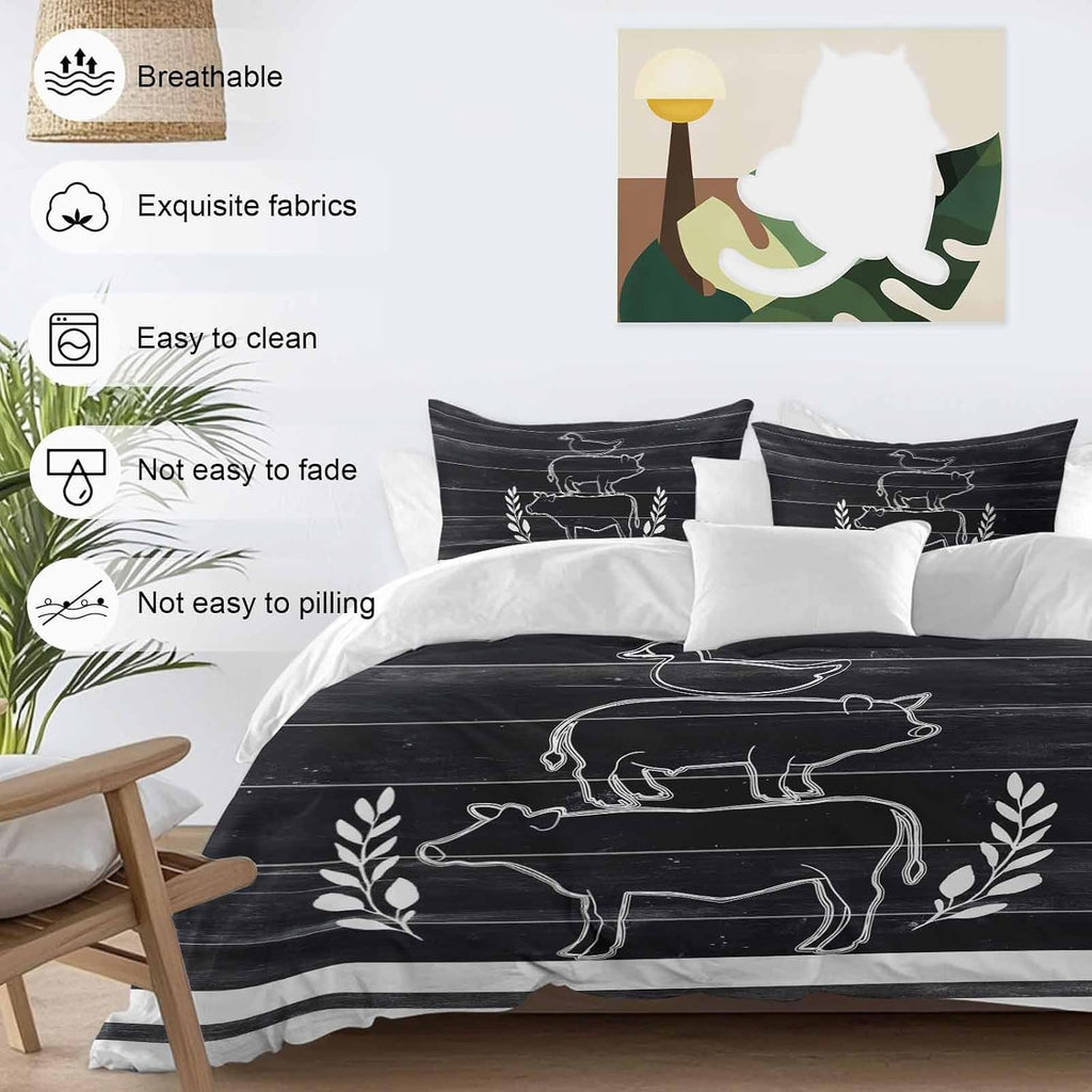 Farm Animals Duvet Cover Set Queen Size 4 Pieces Farmhouse Black Gray Cow Pig Duck Black Wood Grain Bedding Set with Zipper Closure, 1 Comforter Cover 90x92 Inches 1 Flat Sheet & 2 Pillow Cases