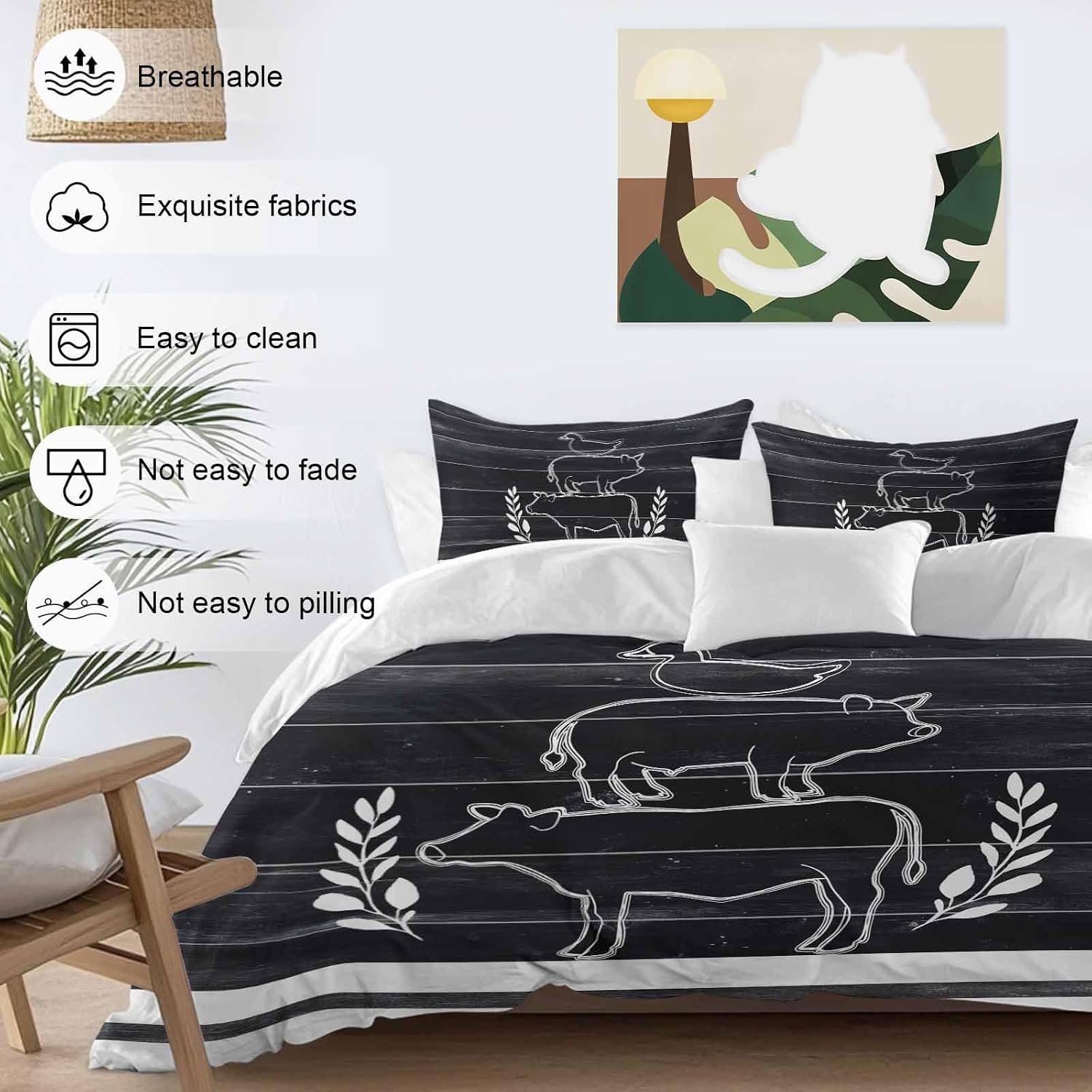 Farm Animals Duvet Cover Set Queen Size 4 Pieces Farmhouse Black Gray Cow Pig Duck Black Wood Grain Bedding Set with Zipper Closure, 1 Comforter Cover 92x106 Inches 1 Flat Sheet & 2 Pillow Cases
