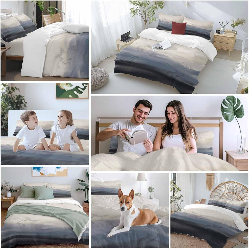 Natural Landscape Duvet Cover Set Queen Size 4 Pieces Pastoral Mountain Country Cloud Field Gradient Color Bedding Set with Zipper Closure,1 Comforter Cover 92x106 Inches 1 Flat Sheet & 2 Pillow Cases