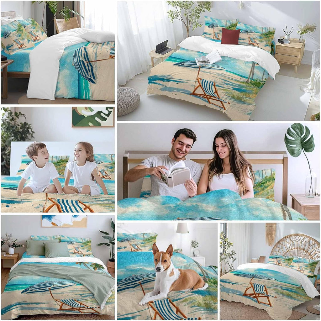 Summer Beach Duvet Cover Set Queen Size 4 Pieces Vintage Sunshade Lounge Chair Coastal Blue Striped Bedding Set with Zipper Closure, 1 Comforter Cover 92x106 Inches 1 Flat Sheet & 2 Pillow Cases