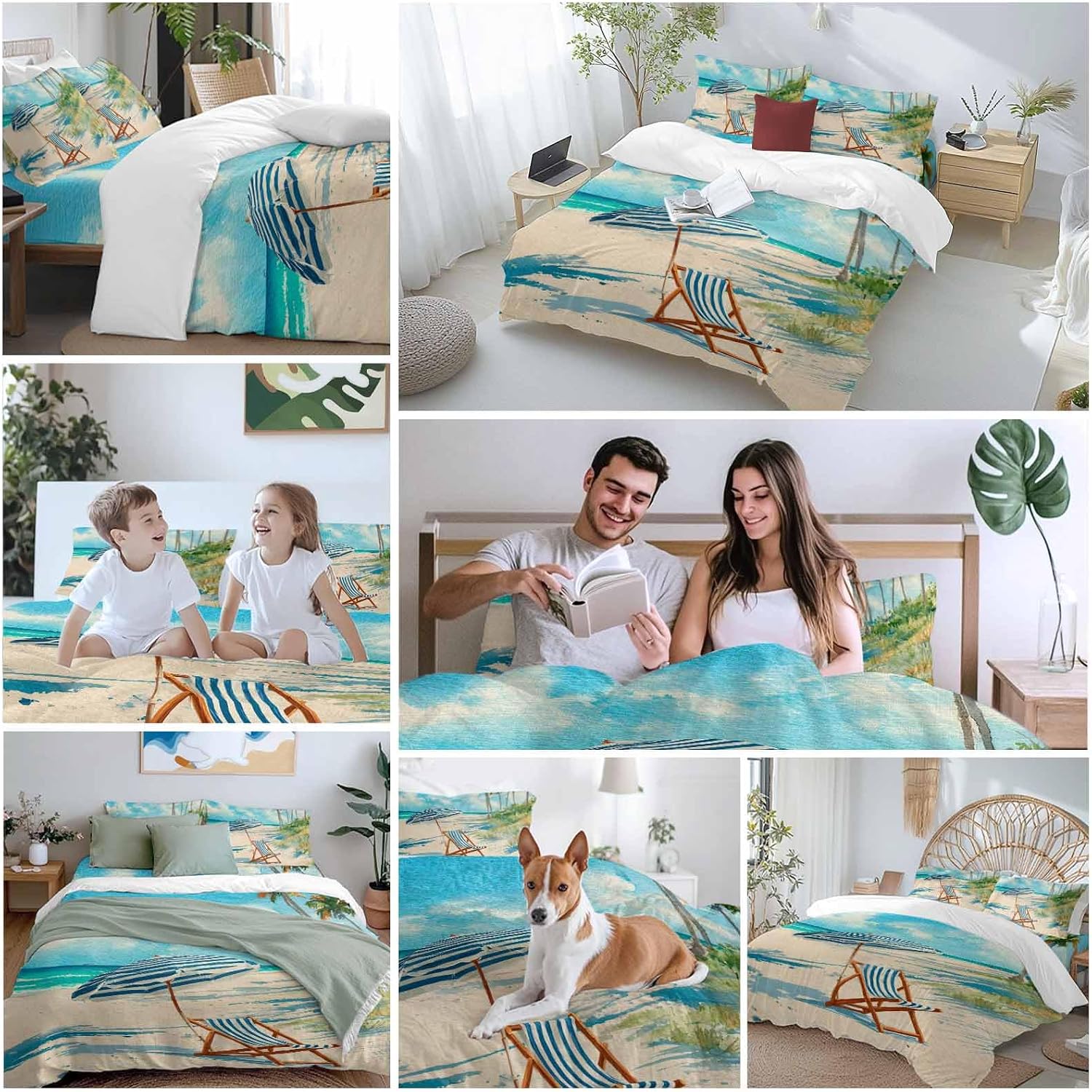 Summer Beach Duvet Cover Set Queen Size 4 Pieces Vintage Sunshade Lounge Chair Coastal Blue Striped Bedding Set with Zipper Closure, 1 Comforter Cover 90x92 Inches 1 Flat Sheet & 2 Pillow Cases