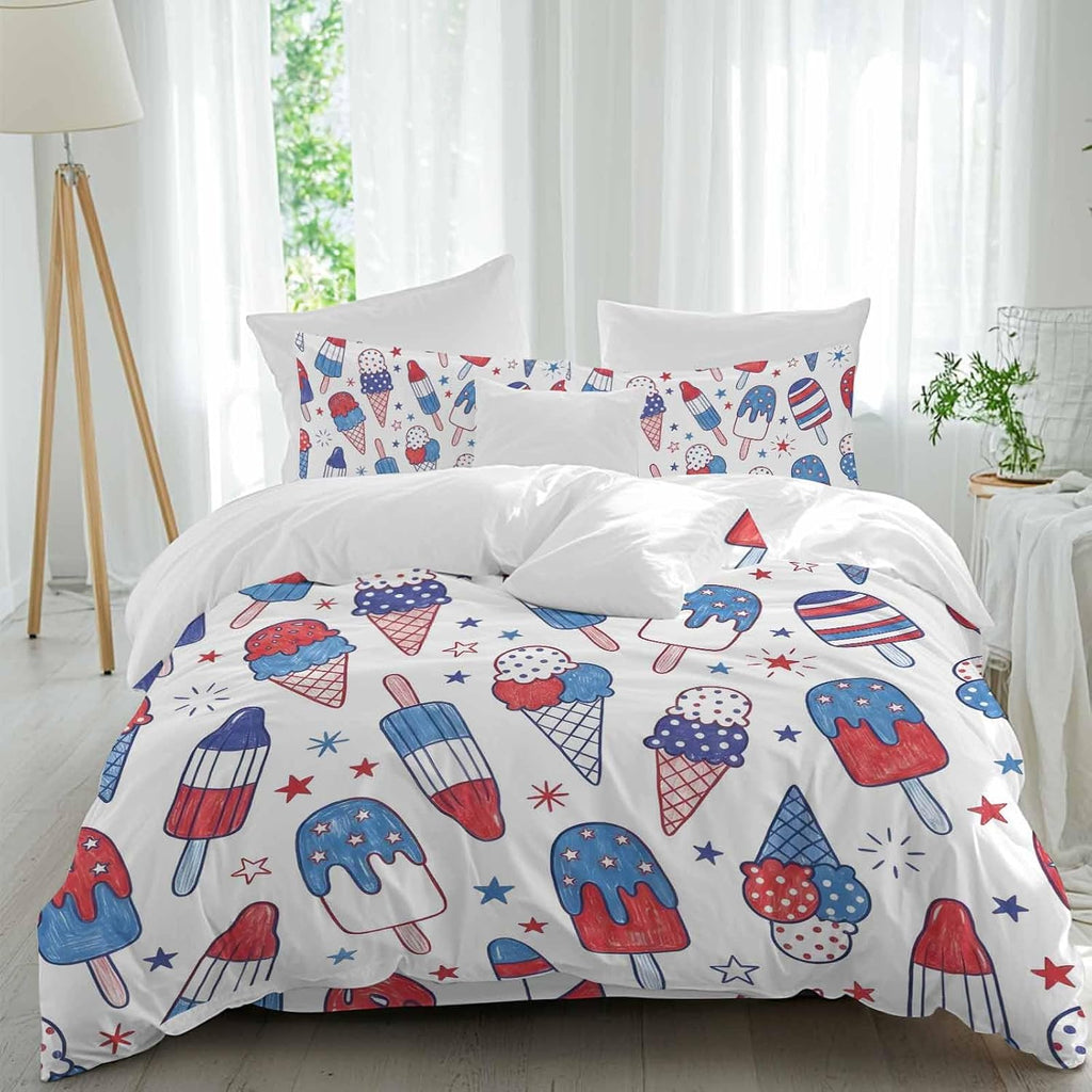 Prime Leader Red Blue Ice Cream Duvet Cover Set Queen Size 4 Pieces Independence Day Retro Ice Cream Bedding Set with Zipper Closure, 1 Comforter Cover 86x86 Inches 1 Flat Sheet & 2 Pillow Cases