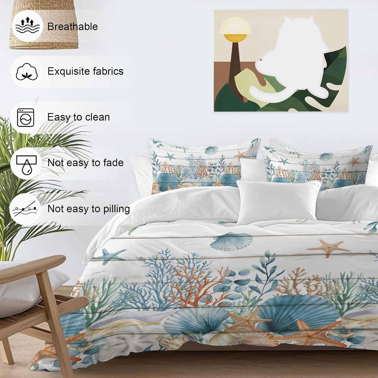 Marine Life Duvet Cover Set Queen Size 4 Pieces Vintage Shell Starfish Coral Eucalyptus Leaves Wood Grain Bedding Set with Zipper Closure, 1 Comforter Cover 86x86 Inches 1 Flat Sheet & 2 Pillow Cases