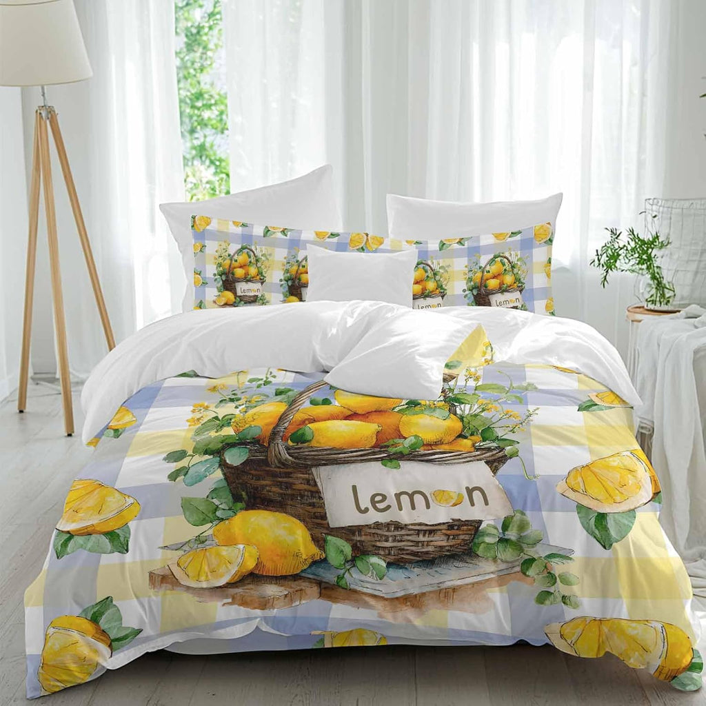 Summer Fruit Duvet Cover Set Queen Size 4 Pieces Watercolor Lemon Frame Letter Print Blue Yellow Plaid Bedding Set with Zipper Closure, 1 Comforter Cover 90x92 Inches 1 Flat Sheet & 2 Pillow Cases
