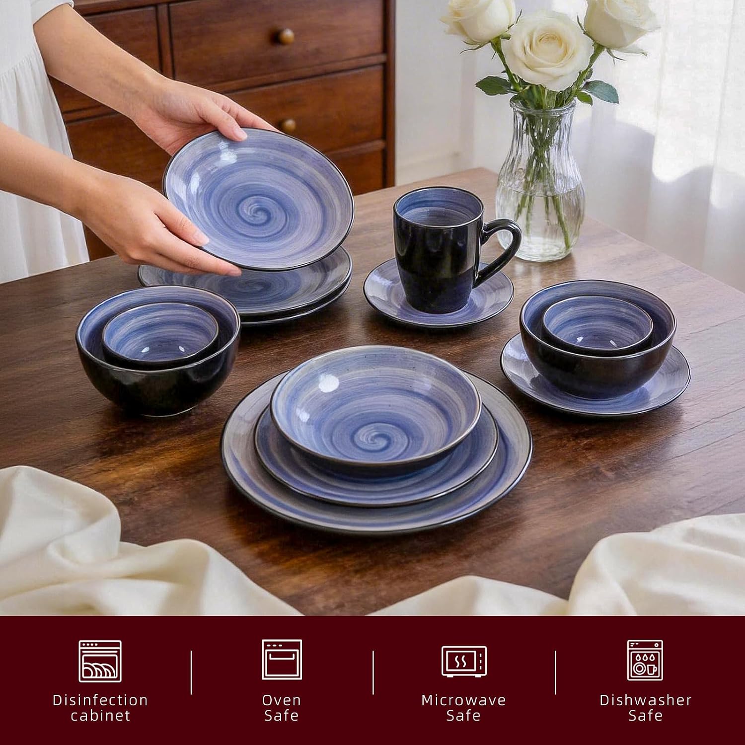 Stoneware Sonoma Dinnerware Set, Black + Speckled Handpainting (56pc Set, Cobalt)