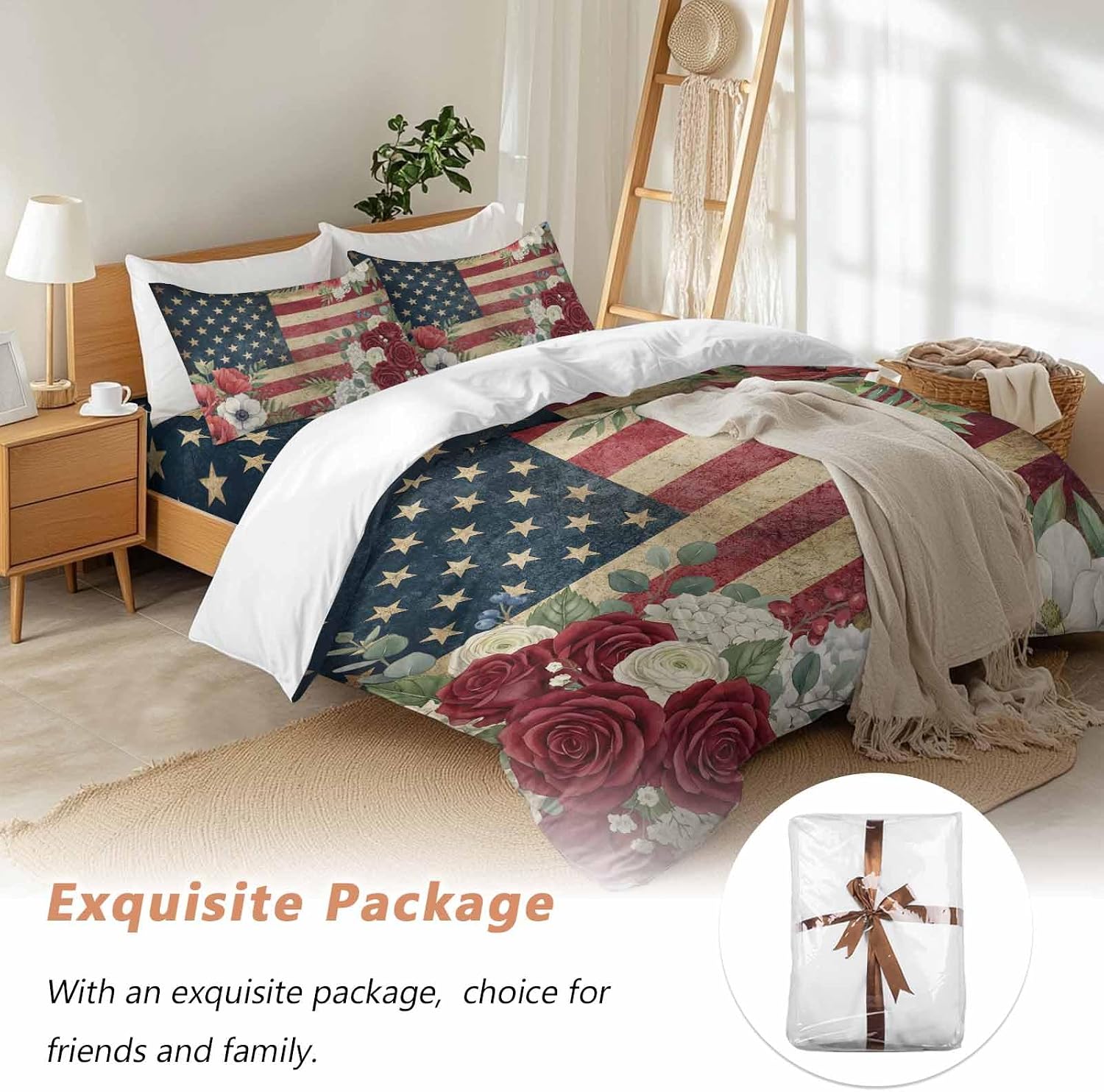 4th of July Duvet Cover Set Queen Size 4 Pieces Patriotic USA Flag Stars Red Flowers Leaf Rustic Bedding Set with Zipper Closure, 1 Comforter Cover 92x106 Inches 1 Flat Sheet & 2 Pillow Cases