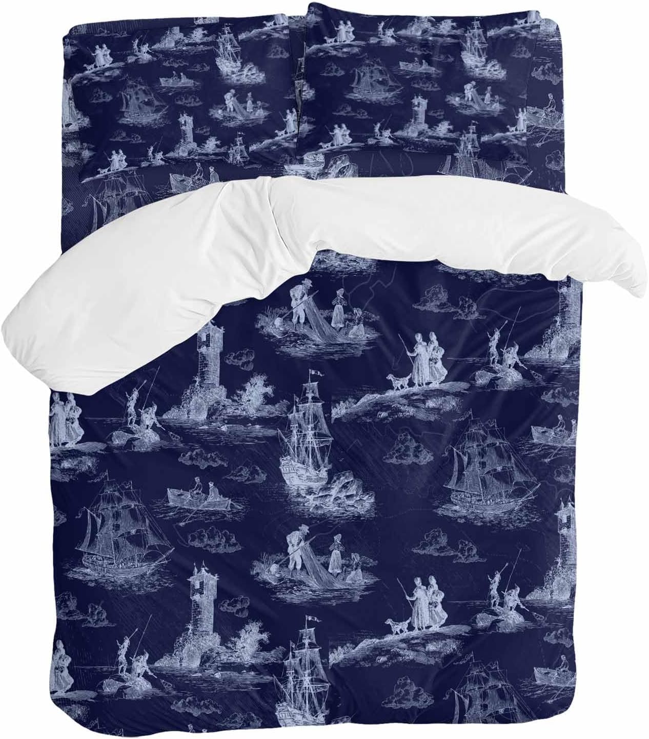 Vintage Farmhouse Ocean Duvet Cover Set Queen Size 4 Pieces Country Nautical Blue Sea Ships Castles Map Bedding Set with Zipper Closure, 1 Comforter Cover 92x106 Inches 1 Flat Sheet & 2 Pillow Cases