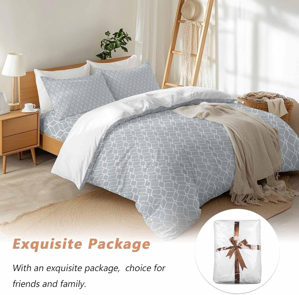 Prime Leader Modern Geometric Duvet Cover Set Queen Size 4 Pieces Grey Color Blocks Abstract Cube Simple Bedding Set with Zipper Closure, 1 Comforter Cover 90x92 Inches 1 Flat Sheet & 2 Pillow Cases