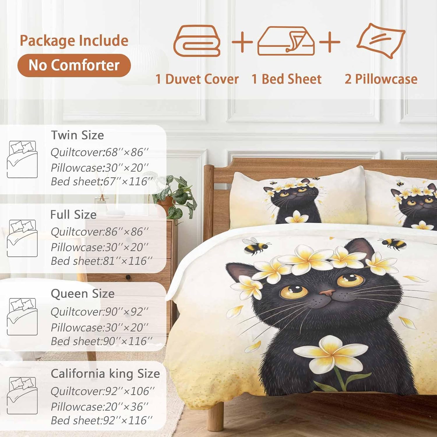 Prime Leader Cute Black Cat Duvet Cover Set Queen Size 4 Pieces Yellow Flower Bee Country Style Fields Bedding Set with Zipper Closure, 1 Comforter Cover 92x106 Inches 1 Flat Sheet & 2 Pillow Cases
