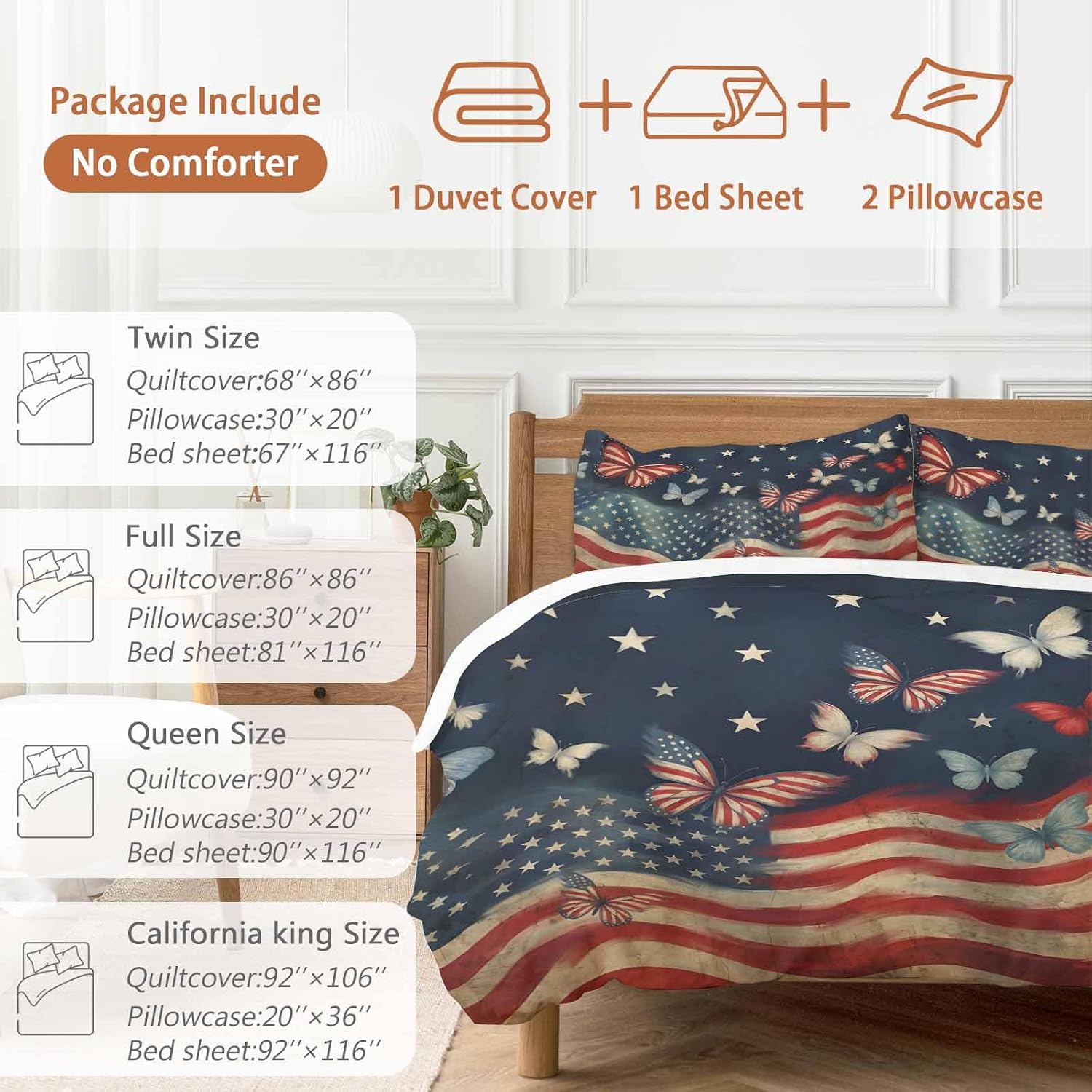 4th of July Duvet Cover Set Queen Size 4 Pieces Independence Day Patriotic Butterfly American Flag Bedding Set with Zipper Closure, 1 Comforter Cover 86x86 Inches 1 Flat Sheet & 2 Pillow Cases