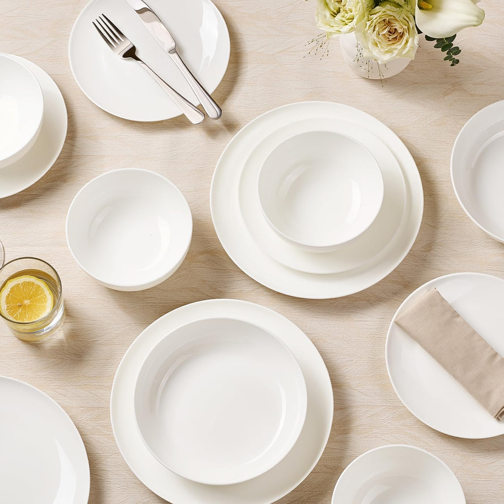 KINGSTONE 16-Piece Bone China Dinnerware Sets for 4, Lightweight Porcelain Dish Serving Plates and Bowls Sets, Durable Scratch Resistant Dinner Set, Microwave & Dishwasher Safe, Ivory White