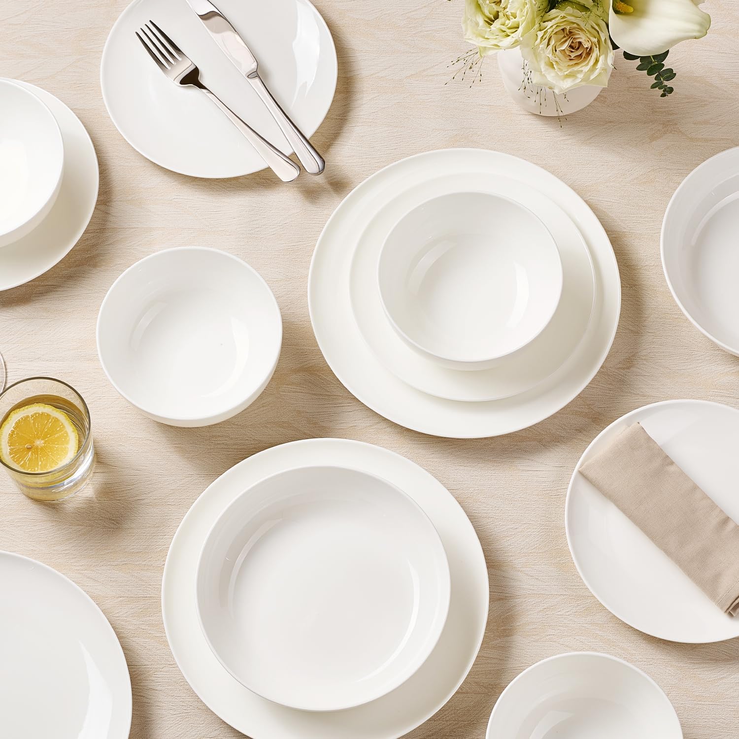 KINGSTONE 16-Piece Bone China Dinnerware Sets for 4, Lightweight Porcelain Dish Serving Plates and Bowls Sets, Durable Scratch Resistant Dinner Set, Microwave & Dishwasher Safe, Ivory White