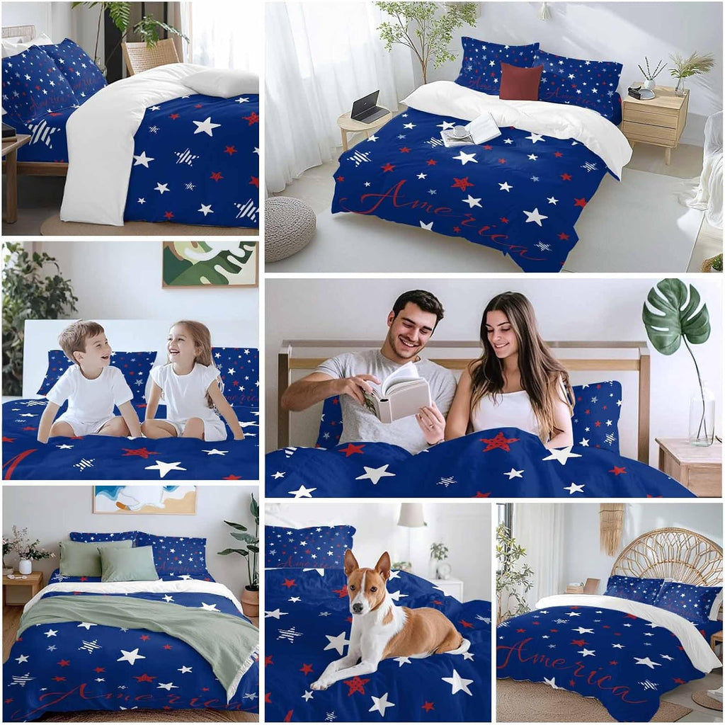 Independence Day Duvet Cover Set Queen Size 4 Pieces Blue White Pentagram America Blue Background Bedding Set with Zipper Closure, 1 Comforter Cover 90x92 Inches 1 Flat Sheet & 2 Pillow Cases