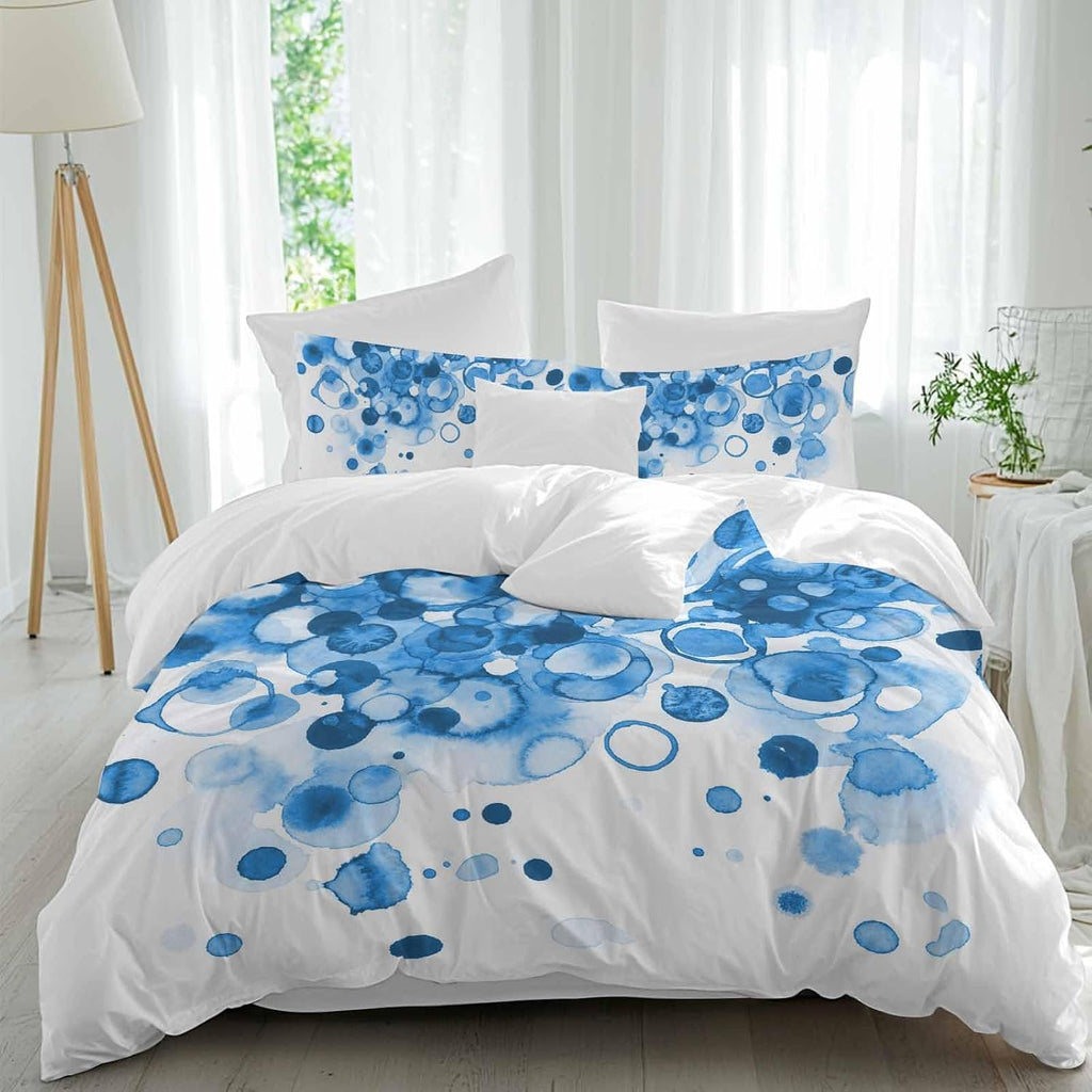 Abstract Duvet Cover Set Queen Size 4 Pieces Blue Gradient Watercolors Ink Points Minimalist Style Bedding Set with Zipper Closure, 1 Comforter Cover 86x86 Inches 1 Flat Sheet & 2 Pillow Cases